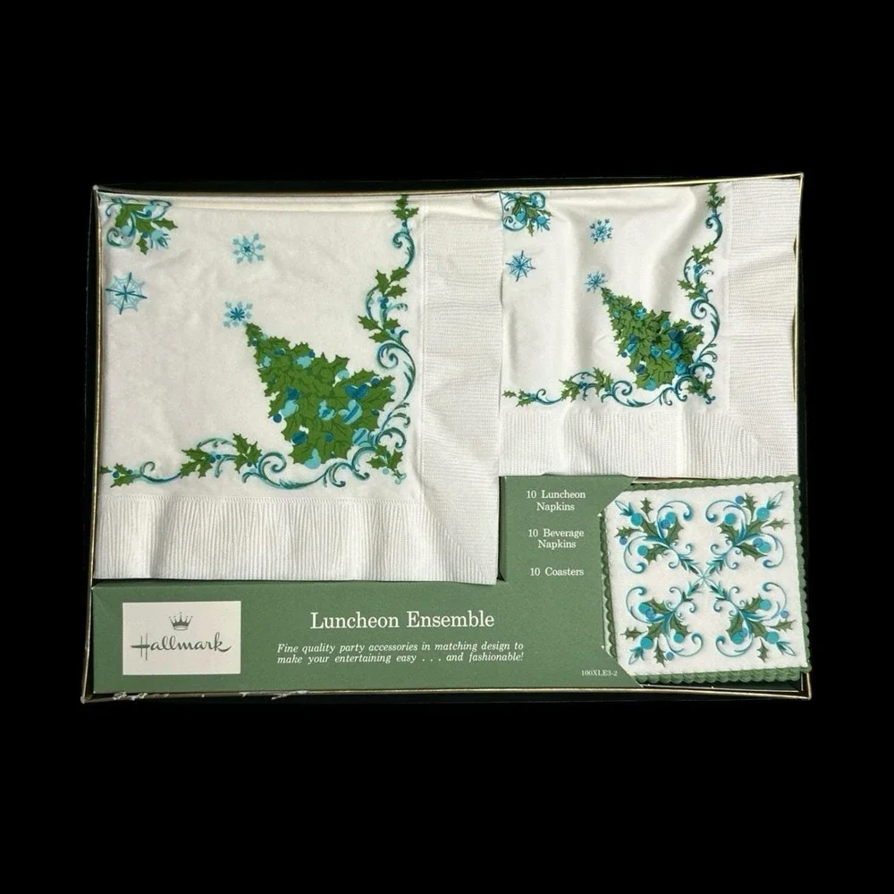 Hallmark Christmas Tree Luncheon Ensemble Paper Napkins Coasters Set‎ 1970s